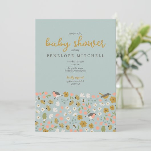 Birds and Bees Floral Baby Shower Kaart (Staand voorkant)