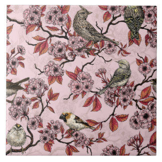 Birds and cherry blossom on rose pink tegeltje