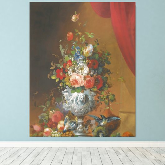 Birds And Fruit On A Ledge Below Canvas Afdruk (Insitu (Houten vloer))