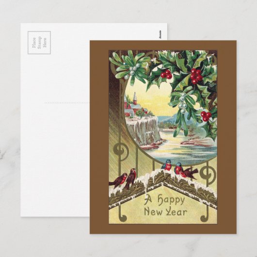 Birds Beneath Holly en Mistletoe  Nieuwjaar Feestdagenkaart (Voorkant / Achterkant)