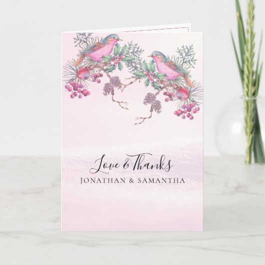 Birds & Berries Pinecone Watercolor Winter Wedding Bedankkaart (Voorkant)