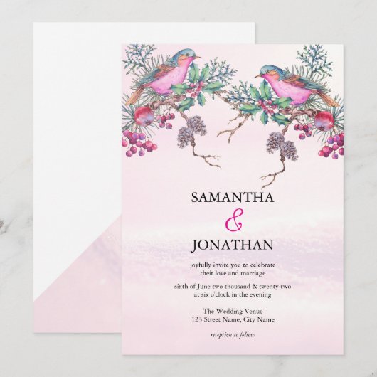 Birds & Berries Pinecone Watercolor Winter Wedding Kaart (Voorkant / Achterkant)