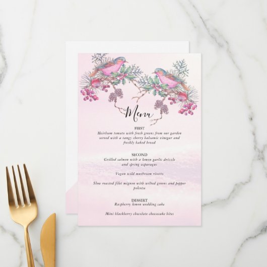Birds & Berries Pinecone Watercolor Winter Wedding Menu (Voorkant / Achterkant in situ)
