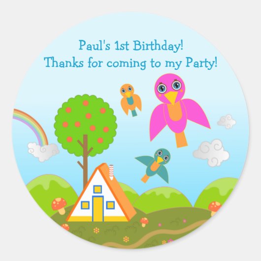 Birds Birthday Party bedankt voor je notitie Ronde Sticker (Voorkant)