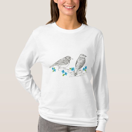 Birds Blue Flowers Natuur Tekening T-shirt (Voorkant)