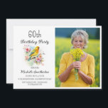 Birds Canaries Flowers 60th Birthday Foto Kaart<br><div class="desc">vintage 60ste verjaardagsfeest fotouitnodiging met gele kanaries zingen in de takken van een boom bloeien met lentebloemen. Neem contact met mij op voor hulp bij uw aanpassingen of om aanvullende matching of coördinatie van Zazzle-producten voor uw feest aan te vragen.</div>