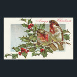 Birds en Holly Christmas Rechthoekige Sticker<br><div class="desc">Twee prachtige rode en bruine vogels zitten naast elkaar op een tak van heilige en bessen die licht in sneeuw zijn bedekt. Een vrolijk kerstfeest. Afbeelding van een Vintage-kerstBriefkaart.</div>