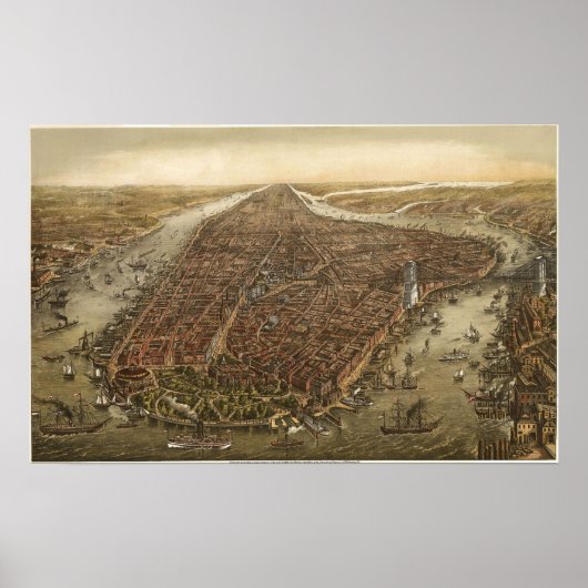 Bird's Eye Map of Manhattan New York City, 1873 Poster (Voorkant)