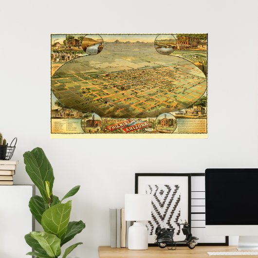 Bird's eye uitzicht map of Phoenix, Arizona in 188 Poster (Thuiskantoor)