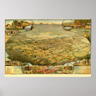 Bird's eye uitzicht map of Phoenix, Arizona in 188 Poster