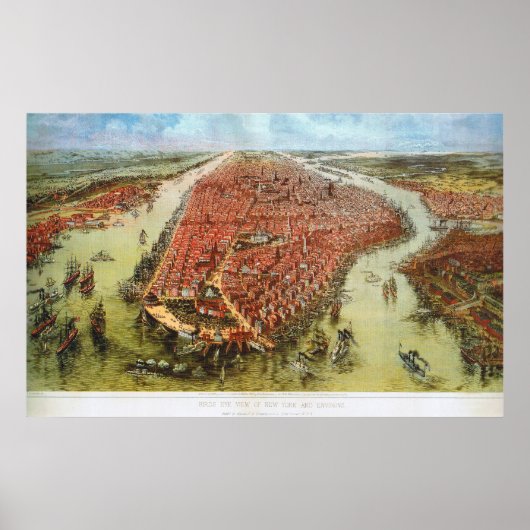 Bird's Eye Uitzicht of Manhattan, Bachmann 1865 Pr Poster (Voorkant)