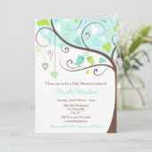 Birds Hearts Tree Blauw en Groen Baby shower Kaart (Staand voorkant)