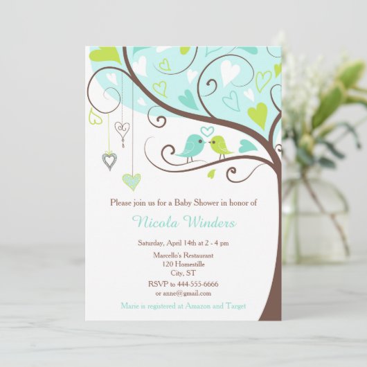 Birds Hearts Tree Blauw en Groen Baby shower Kaart (Staand voorkant)