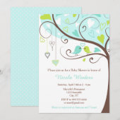 Birds Hearts Tree Blauw en Groen Baby shower Kaart (Voorkant / Achterkant)