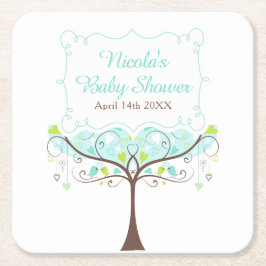 Birds Hearts Tree Blue and Green Baby Shower Kartonnen Onderzetters