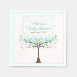 Birds Hearts Tree Blue and Green Baby Shower Servet