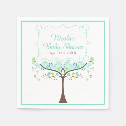 Birds Hearts Tree Blue and Green Baby Shower Servet (Voorkant)
