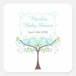 Birds Hearts Tree Blue and Green Baby Shower Vierkante Sticker