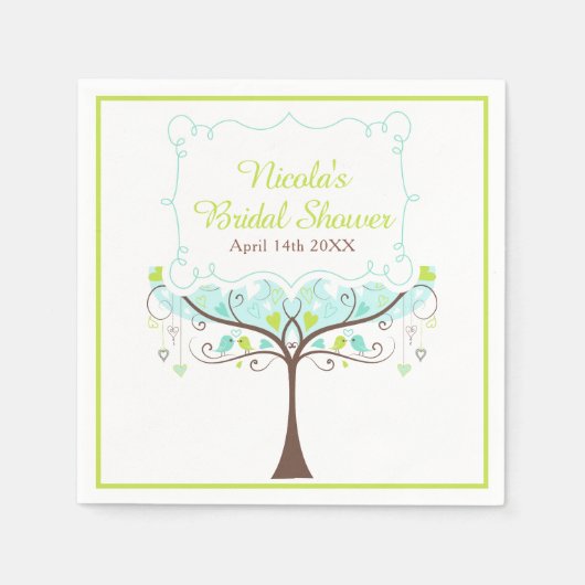Birds Hearts Tree Blue and Green Bridal Shower Servet (Voorkant)