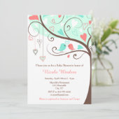 Birds Hearts Tree Mint en Coral Baby shower Kaart (Staand voorkant)