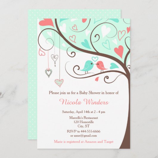 Birds Hearts Tree Mint en Coral Baby shower Kaart (Voorkant / Achterkant)