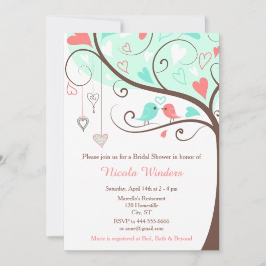 Birds Hearts Tree Mint en Coral Vrijgezellenfeest Kaart (Voorkant)