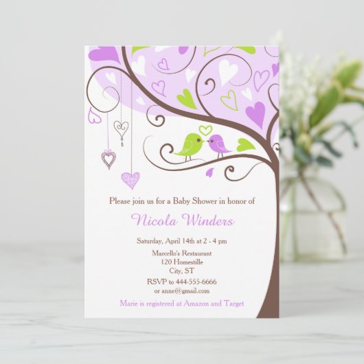 Birds Hearts Tree Paarse en groene Baby shower Kaart (Staand voorkant)