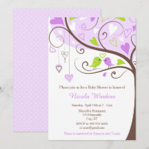 Birds Hearts Tree Paarse en groene Baby shower