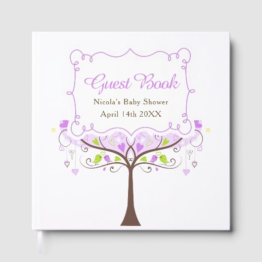 Birds Hearts Tree Purple and Green Baby Shower Gastenboek (Voorkant)