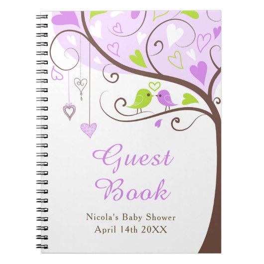 Birds Hearts Tree Purple and Green Baby Shower Notitieboek (Voorkant)