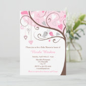 Birds Hearts Tree Roze Baby shower Kaart (Staand voorkant)