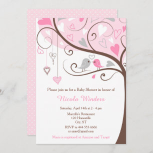 Birds Hearts Tree Roze Baby shower Kaart