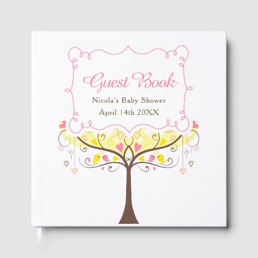 Birds Hearts Tree Yellow and Coral Baby Shower Gastenboek (Voorkant)