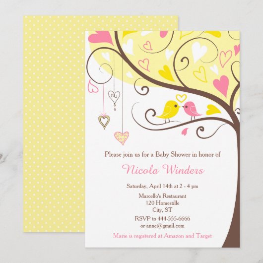 Birds Hearts Tree Yellow en Coral Baby shower Kaart (Voorkant / Achterkant)
