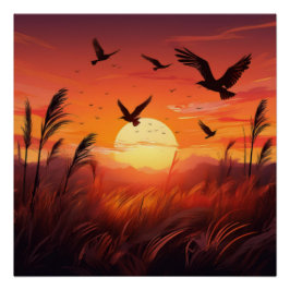 Birds in Sunset Glow - Serene Natuur Scene Perfect Poster