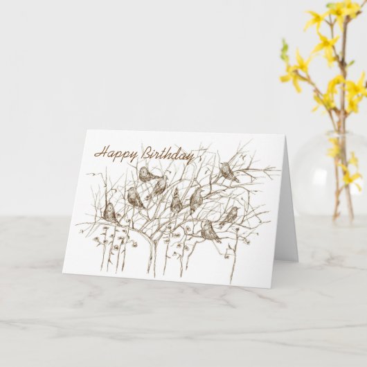 Birds in Tree Pen en Ink Sketch Verjaardag Kaart (Gele Bloem)