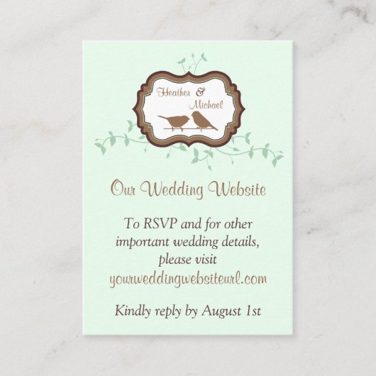 Birds Leaves Mint Chocolate Wedding Website Invoeg Informatiekaartje (Voorkant)