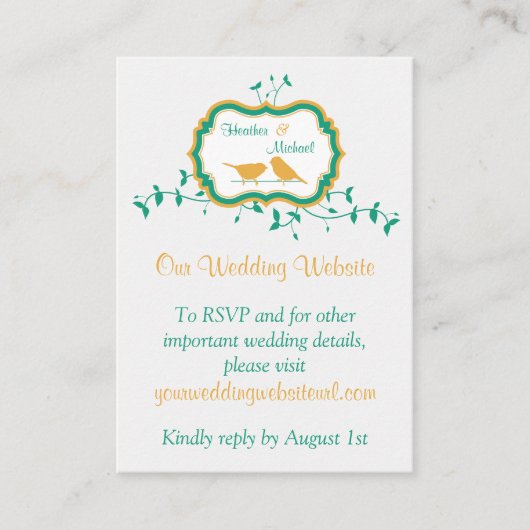 Birds Leaves Yellow Emerald Wedding Website Invoeg Informatiekaartje (Voorkant)