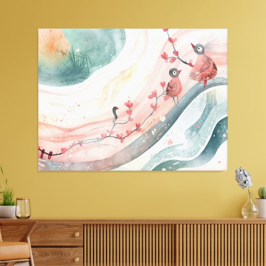 Birds on a Heart Branch  Canvas Afdruk (Insitu (Woonkamer))