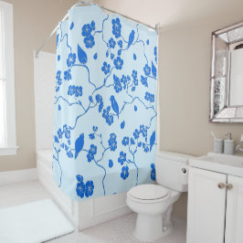 Birds on Cherry Blossoms Blue on Blue Douchegordijn