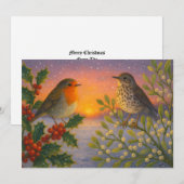 Birds On Holly & Mistletoe At Snowy Winter Sunset Feestdagenkaart (Voorkant / Achterkant)