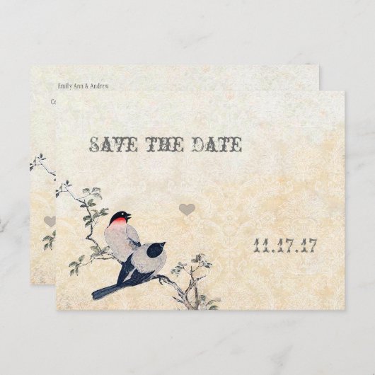 Birds Save the Date Damask Aankondigingskaart (Voorkant / Achterkant)