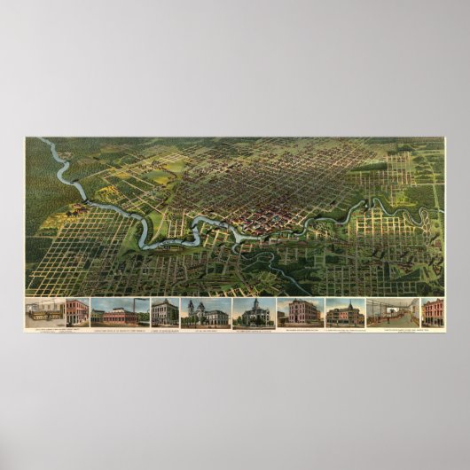 Birdseye map of Houston, Texas (1891), herdruk Poster (Voorkant)