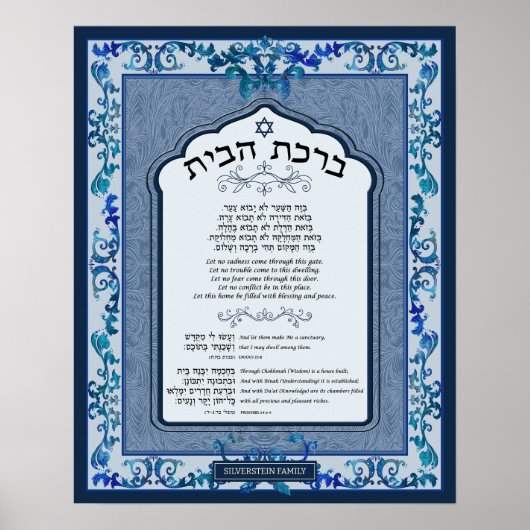 Birkat Habayit Hebreeuws Engels Blauw Barok Lijst Poster (Voorkant)
