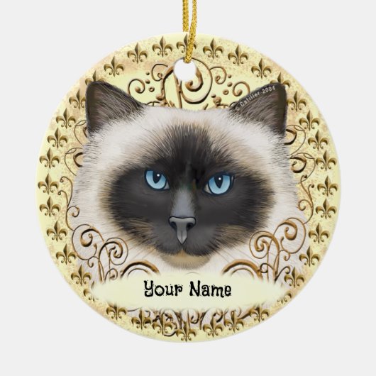 Birmaanse Kat Fleur De Lis Keramisch Ornament (Voorkant)
