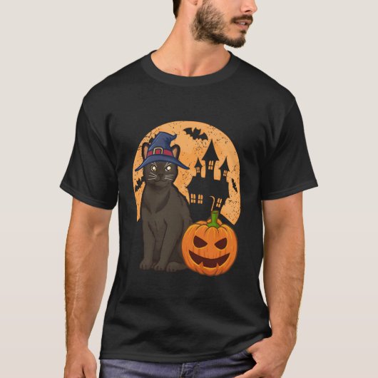 Birmaanse kat met heks en pompoen Halloween T-shirt (Voorkant)