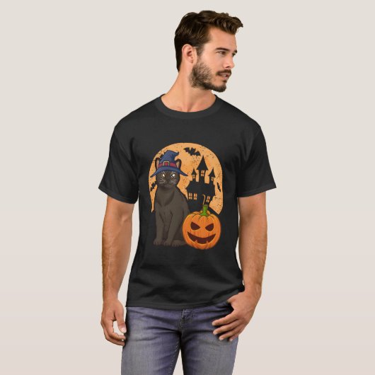 Birmaanse kat met heks en pompoen Halloween T-shirt (Voorkant volledig)