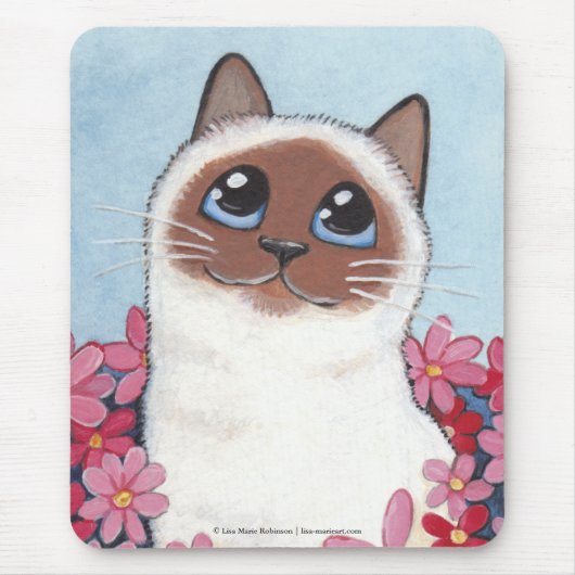 Birman Cat en Pink Flowers Cat Art Mousepad Muismat (Voorkant)