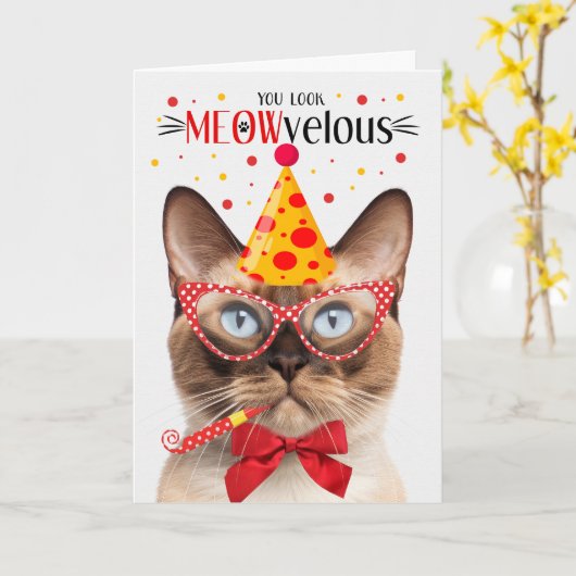 Birmees Seal Point Kat MEOWvelous Verjaardag Kaart (Gele Bloem)