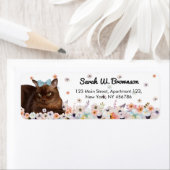 Birmese bruine kat blauwe bowlingbloemen etiket (Insitu)